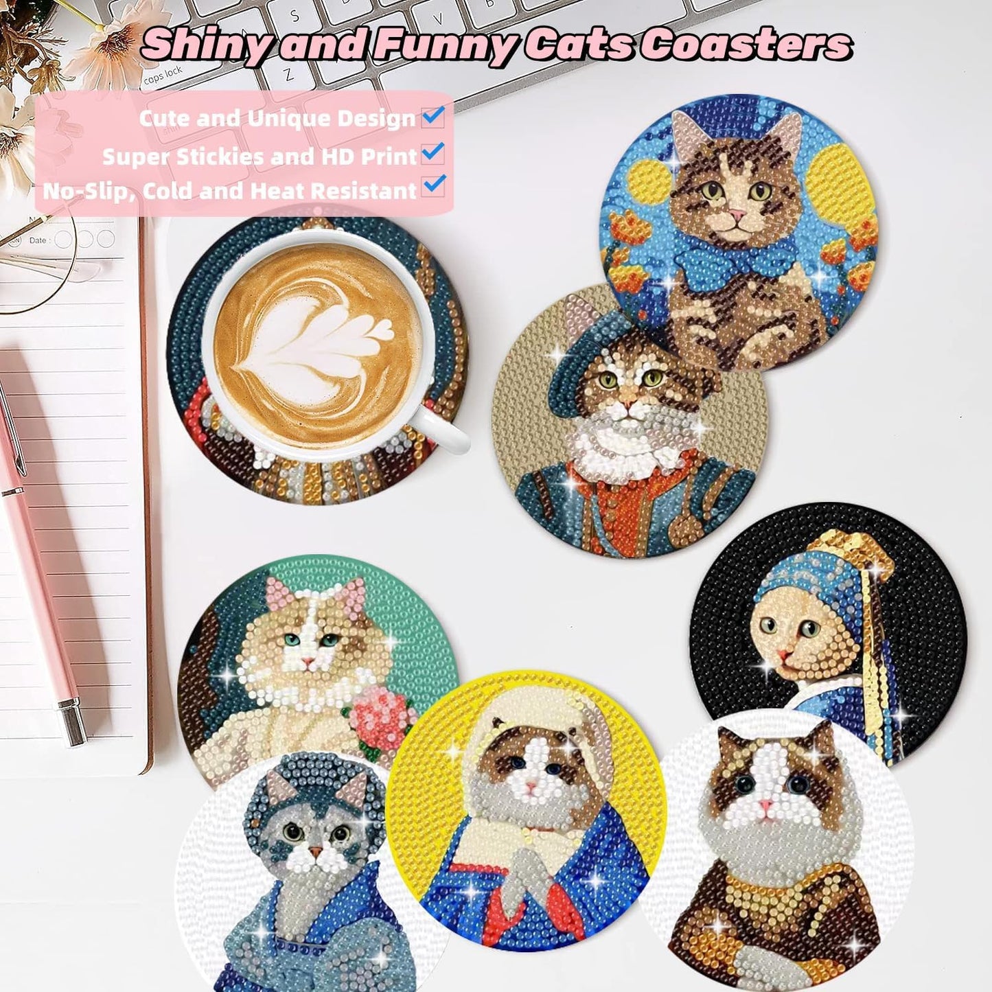 8 Pcs Flowers Diamond Art Coasters Kits for Adults Begainners,Full Drill Diamond Painting Coasters Kit with Holder,DIY Gem Painting Craft Kits for Adults Supplies Gift (Flowers).