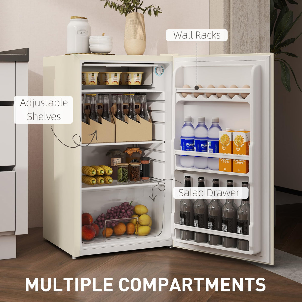 HOMCOM Under Counter Fridge 91L Small Fridge with Chiller Box Silver Tone