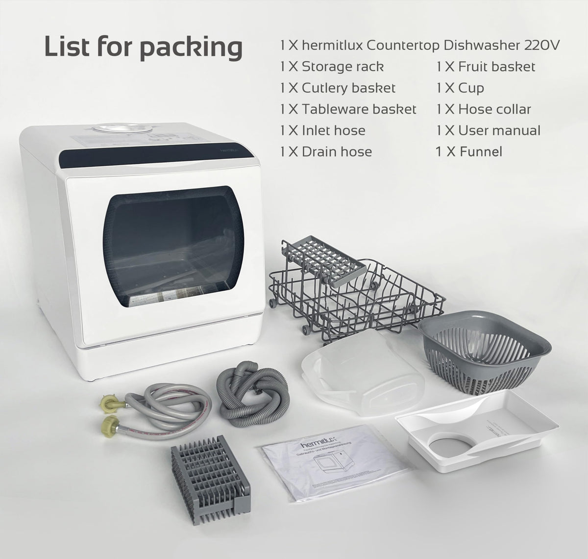 Hermitlux Table Top Dishwasher, Mini Countertop Dishwasher with 4 Place Settings, 5L Built-in Water Tank, 6 Programmes, Touch Control, Baby Care and Fruit Wash, White