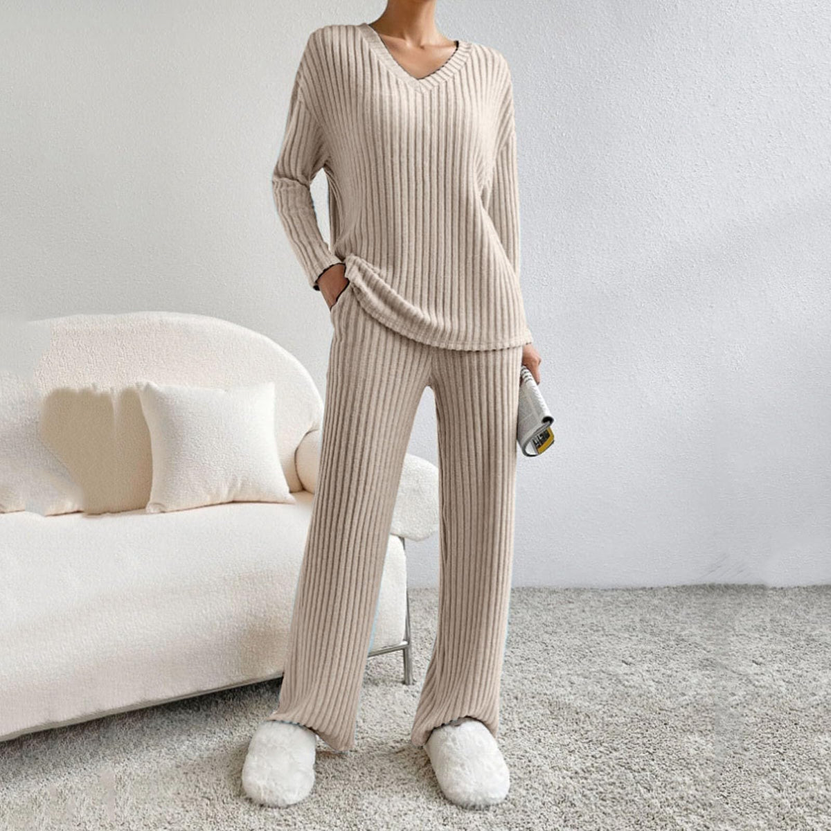Lounge Wear Sets For Women Uk Womens Pyjamas Set Ladies Pyjamas Two Piece Outfit Fleece Tracksuits V-Neck Long Sleeve Jumpers And Wide Leg Trousers With Pockets Sleepwear Plain Casual Homewear