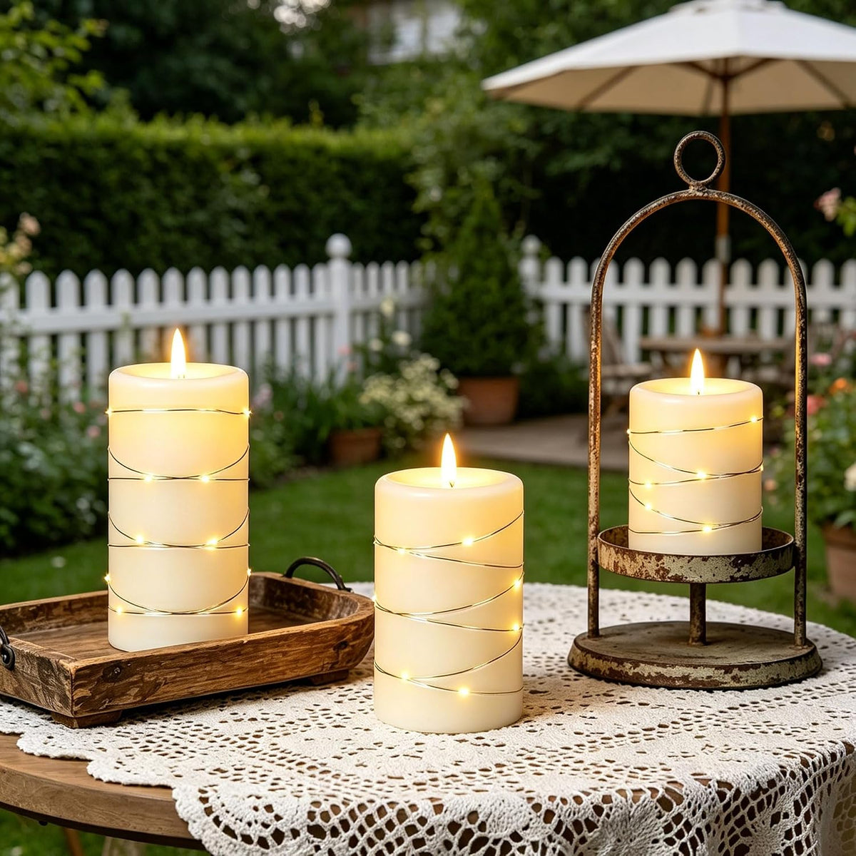 Da by 3 Pack Ivory Flameless LED Candles with Fairy Lights, Realistic Moving Flame Paraffin Wax Candles, Remote Control, Soft Warm Light, 8cm D x 12.5/14.5/16.5cm H, Indoor Wedding Home Decor