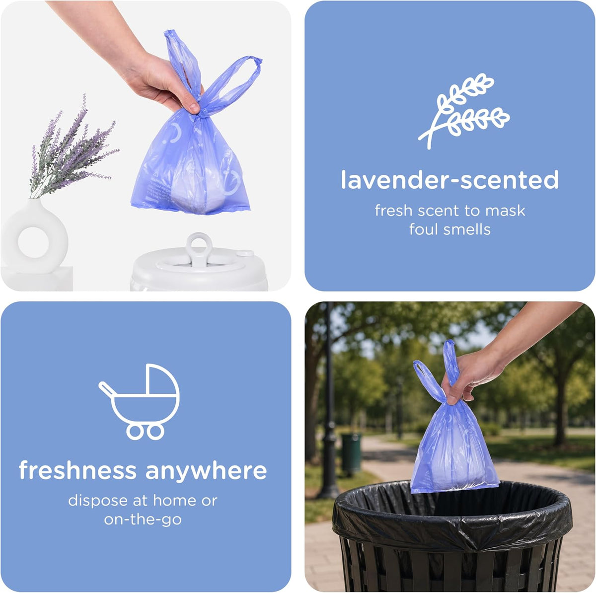 Ubbi Disposable Nappy Sacks, Lavender Scented, Easy-To-Tie Tabs, Durable, Thick Baby Nappy Disposal or Pet Waste Bags, 200 Count