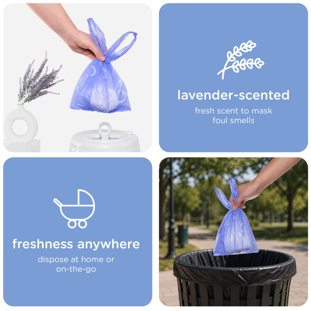 Ubbi Disposable Nappy Sacks, Lavender Scented, Easy-To-Tie Tabs, Durable, Thick Baby Nappy Disposal or Pet Waste Bags, 200 Count