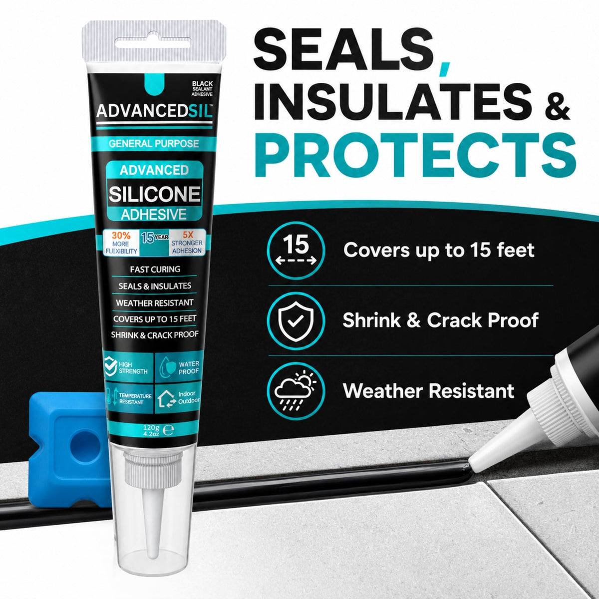 Silicone Sealant – Clear Kitchen & Bathroom Silicone Sealant with Finishing Tool for a Professional Finish | Waterproof & Anti-Mould Protection - 120ml