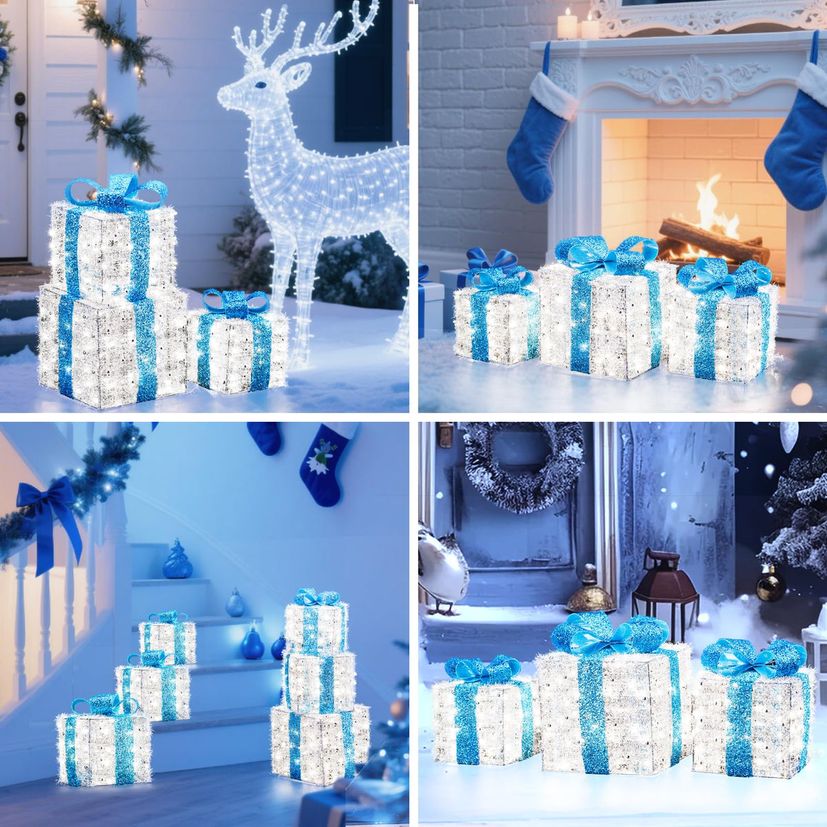 Set of 3 Blue Lighted Boxes, Silver Bows, Christmas Decor Indoor/Outdoor