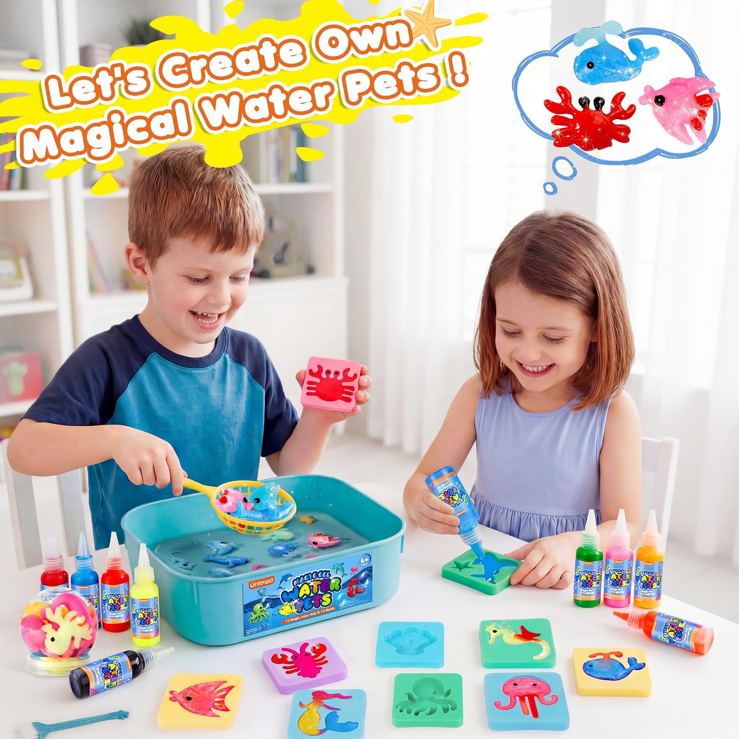 URMYWO Magic Water Elf Toy Kit, DIY 3D Magic Gel Pet Toy Set, 12 Gels & 10 Molds,Easter Gifts Craft & Art Kits for Kids 4 5 6 7 8 9 10 Years Old Mermaid Theme