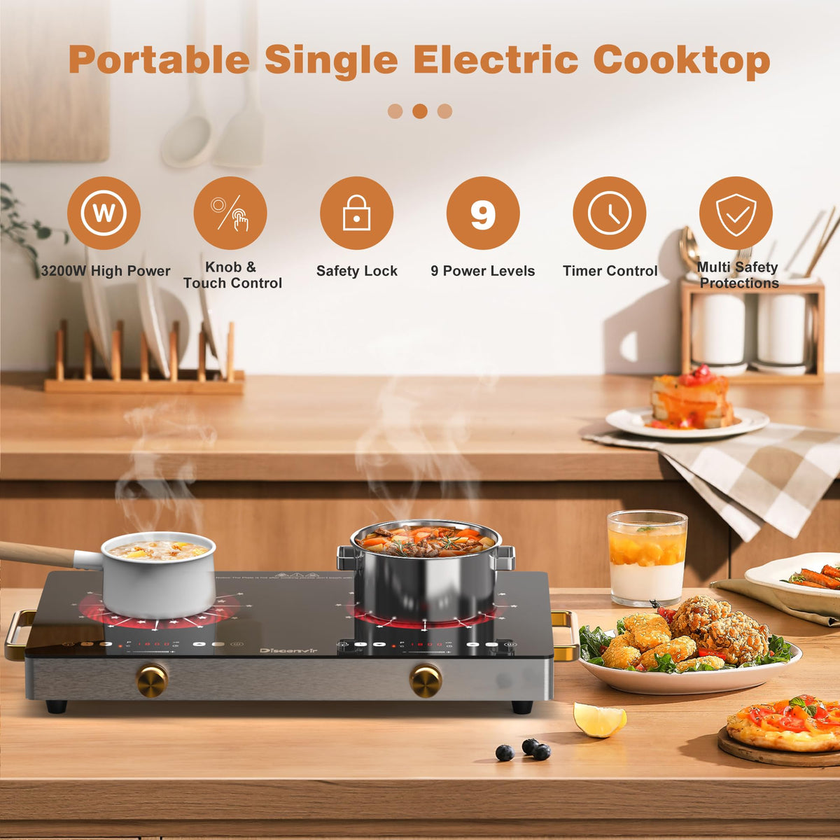 Double Ceramic Hob with Handle, Plug in 2 Ring Electric Hob