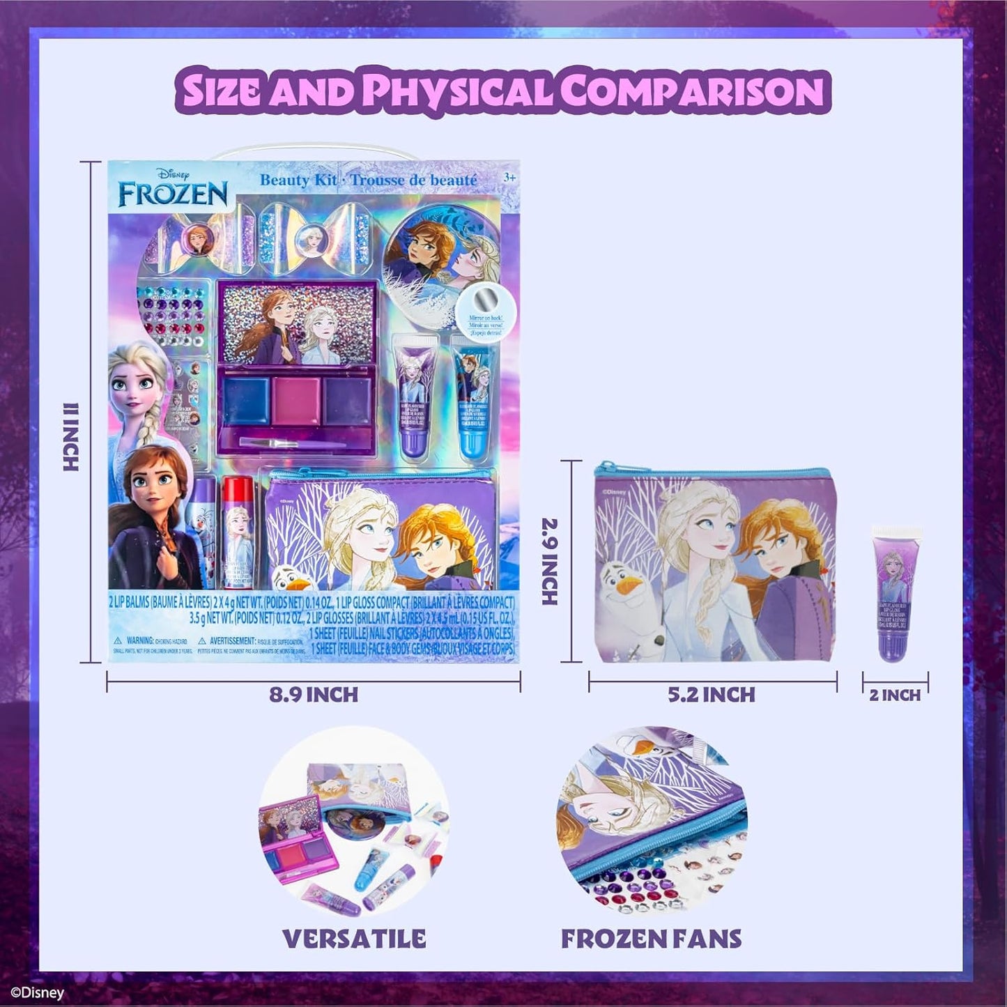 Disney Frozen Super Sparkly Kids Makeup Set for Girls, Beauty Kit Include Clips, Lip Gloss, Nail Stickers, Lip Balm, Purse, Ideal Gift for Girls Aged 3+ by Townley Girl