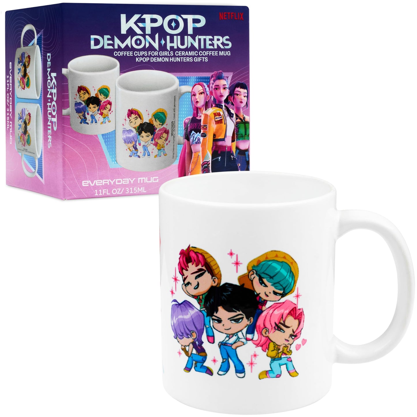 KPop Demon Hunters Official Huntrix Mug, 11oz Ceramic Cup for Girls, Teens & Adults, Rumi Mira Zoey Tea Coffee Cup, Gifts for Her (Black Huntrix)