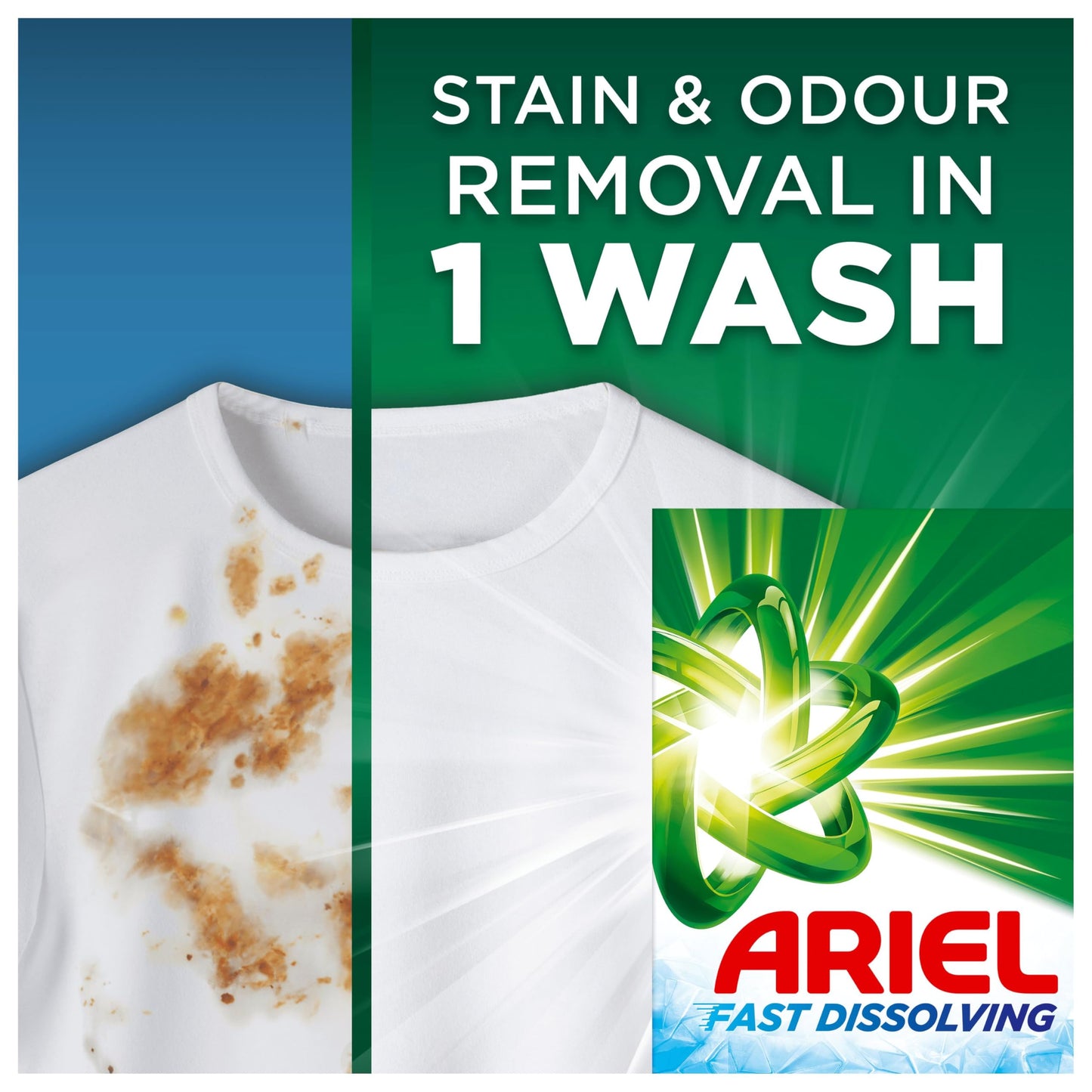 Ariel Fast Dissolving Washing Powder Laundry Detergent 4kg, 80 Washes, Original, Tough Stain Removal in 1 Wash, Instant Action Even in Cold