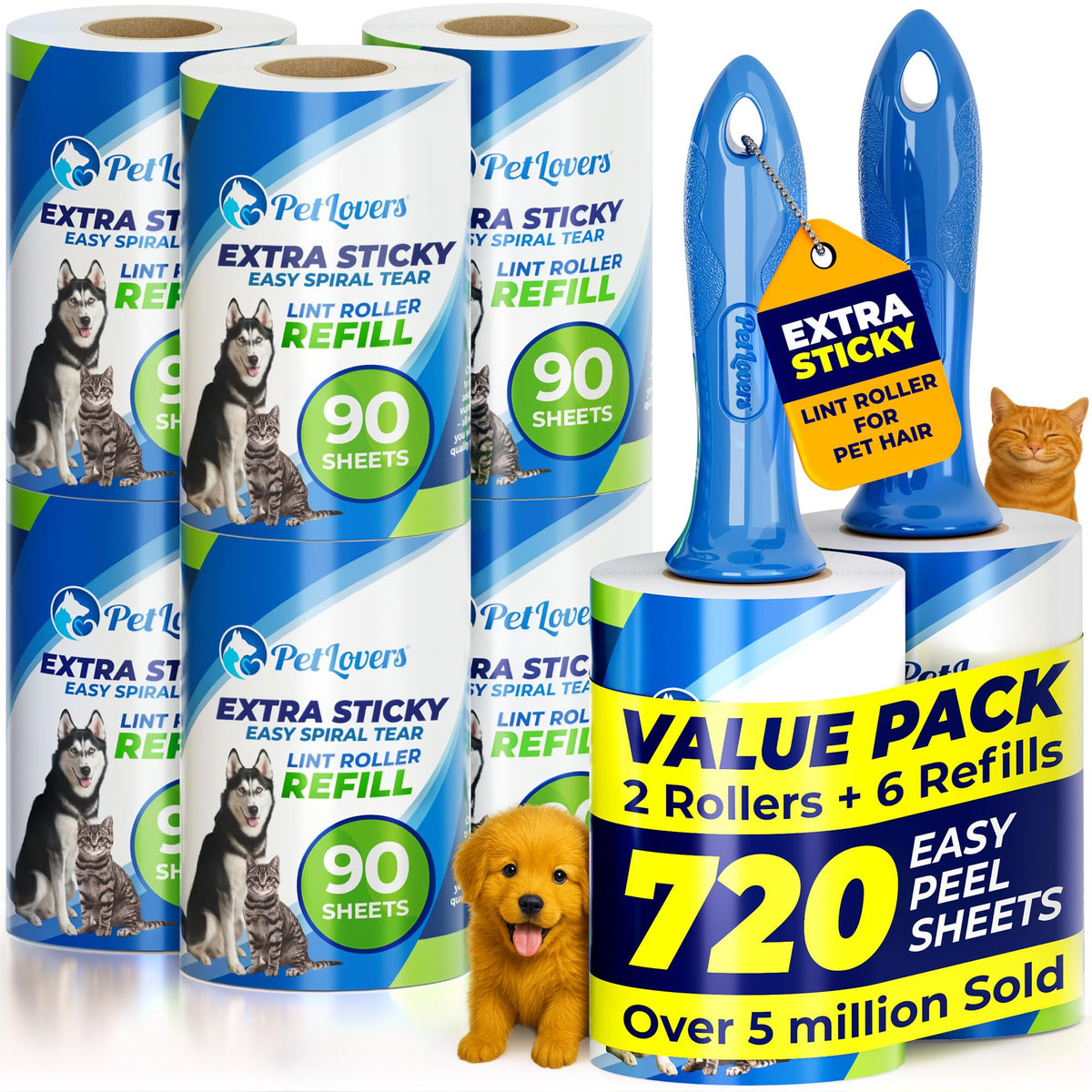 PetLovers Extra Sticky Lint Roller Mega Value Set 450 Sheets for Pet Hair Removal Dog and Cat Lint Remover 5 Pack