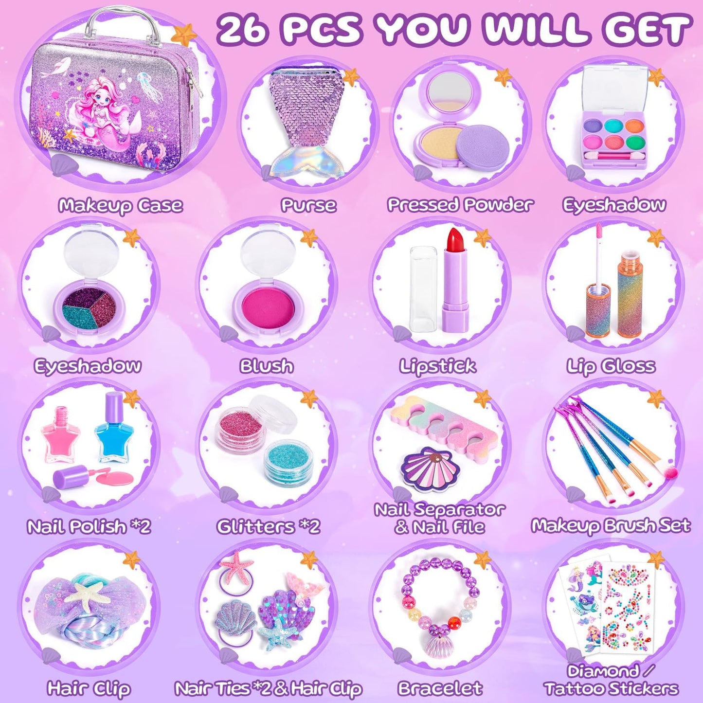 Hohosunlar Kids Makeup for Toddlers Toys, Washable Make Up Set Non-Toxic Toys for Girls with Purse, Princess Pretend Play Hair & Nail Polish Accessories, Christmas Birthday Gift Toys for Girls 3+