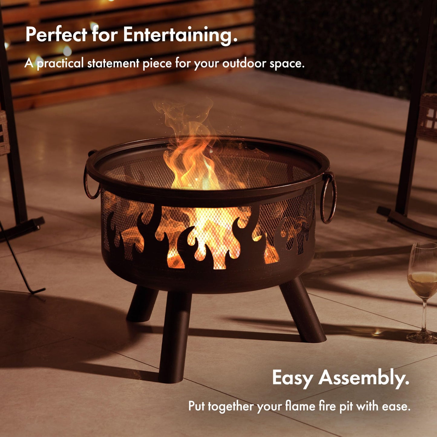 VonHaus Fire Pit – Firepit for Outdoor, Garden, Patio – Portable, Lightweight with Geometric Design, Brown Bronzed Steel, Fire Poker & Mesh Guard Included, Carry Handles – Use Wood or Charcoal to Fuel