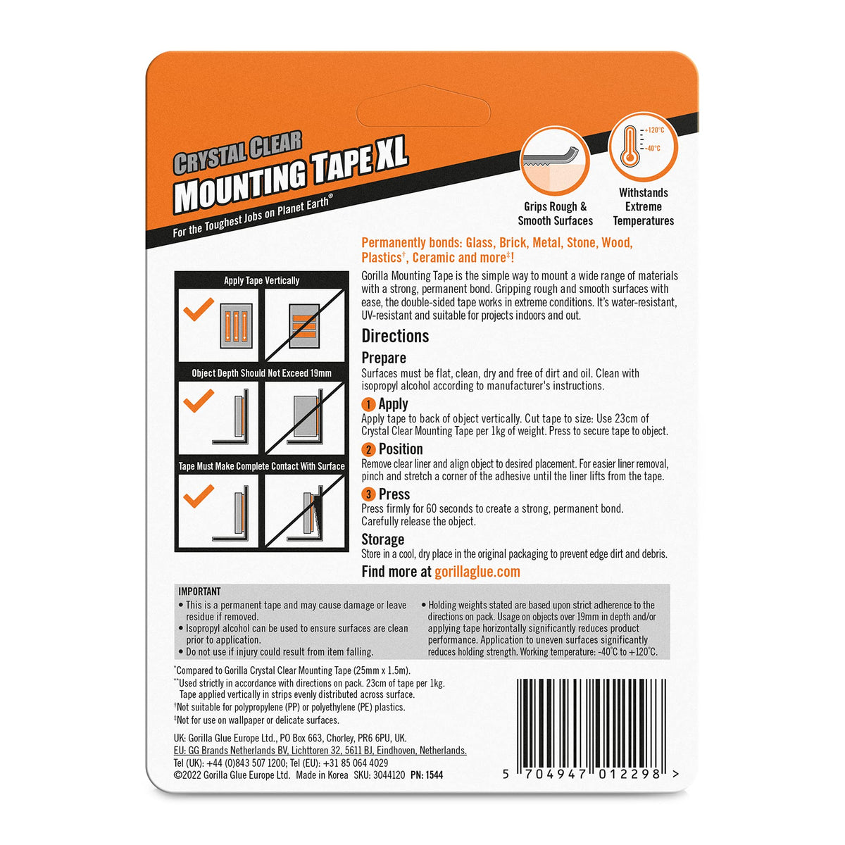 Gorilla Double Sided Mounting Tape Clear 1.5m, Pack of 1