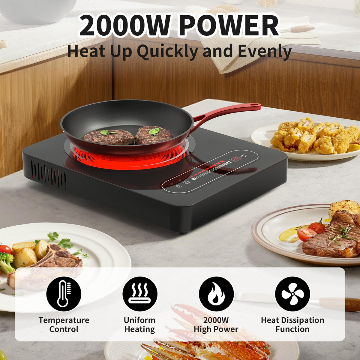 VBGK 2 Ring Electric Hob with Knob, 220V 3000W Double Ceramic Hob, 9 Power Levels, Kids Lock & Timer, Hot Surface Indicator, Overheat Protection, Knob and Touch Control Double Electric Hob