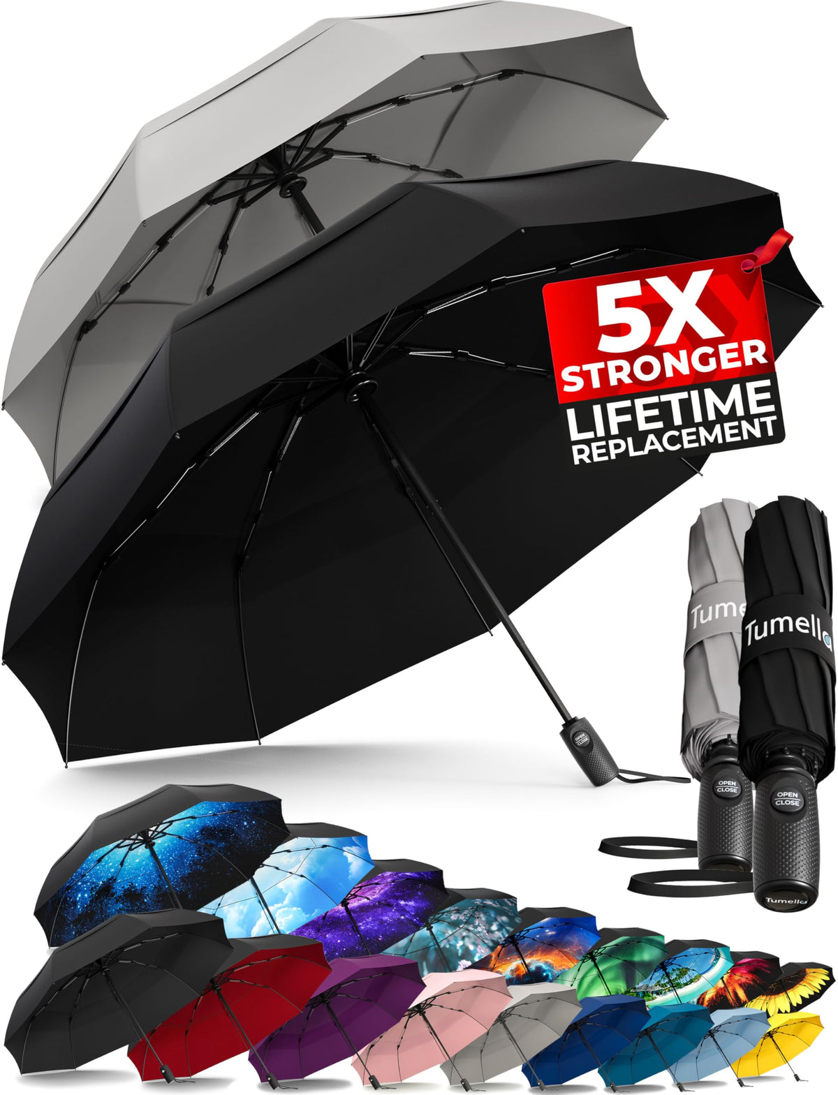 TUMELLA Strongest Windproof Travel Umbrella (Compact, 100MPH Wind-Tested)