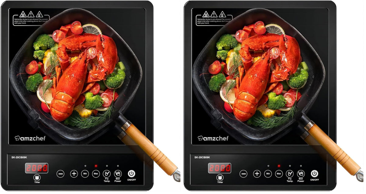 AMZCHEF Single Induction Cooker, Ultra-thin Induction Hob with Fashion Look, 20-level Power and Temperature Control, Black Frosted Glass Panel, Touch Sensor, 3-hour Timer, Safety Lock