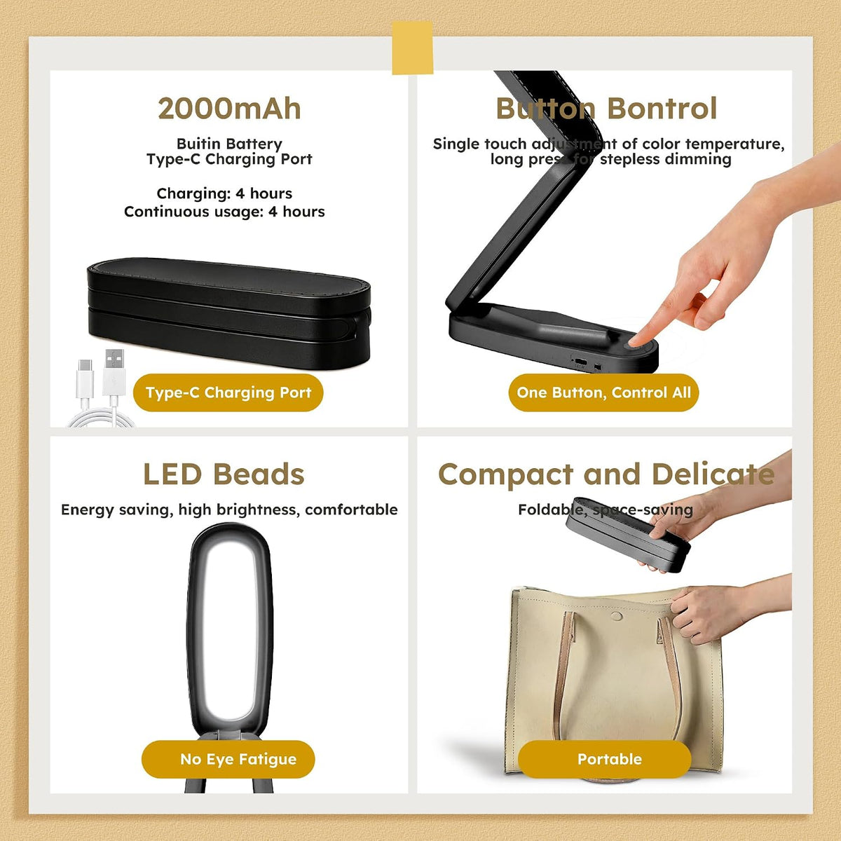 Small LED Rechargeable Portable Foldable Cordless Desk Table Lamp
