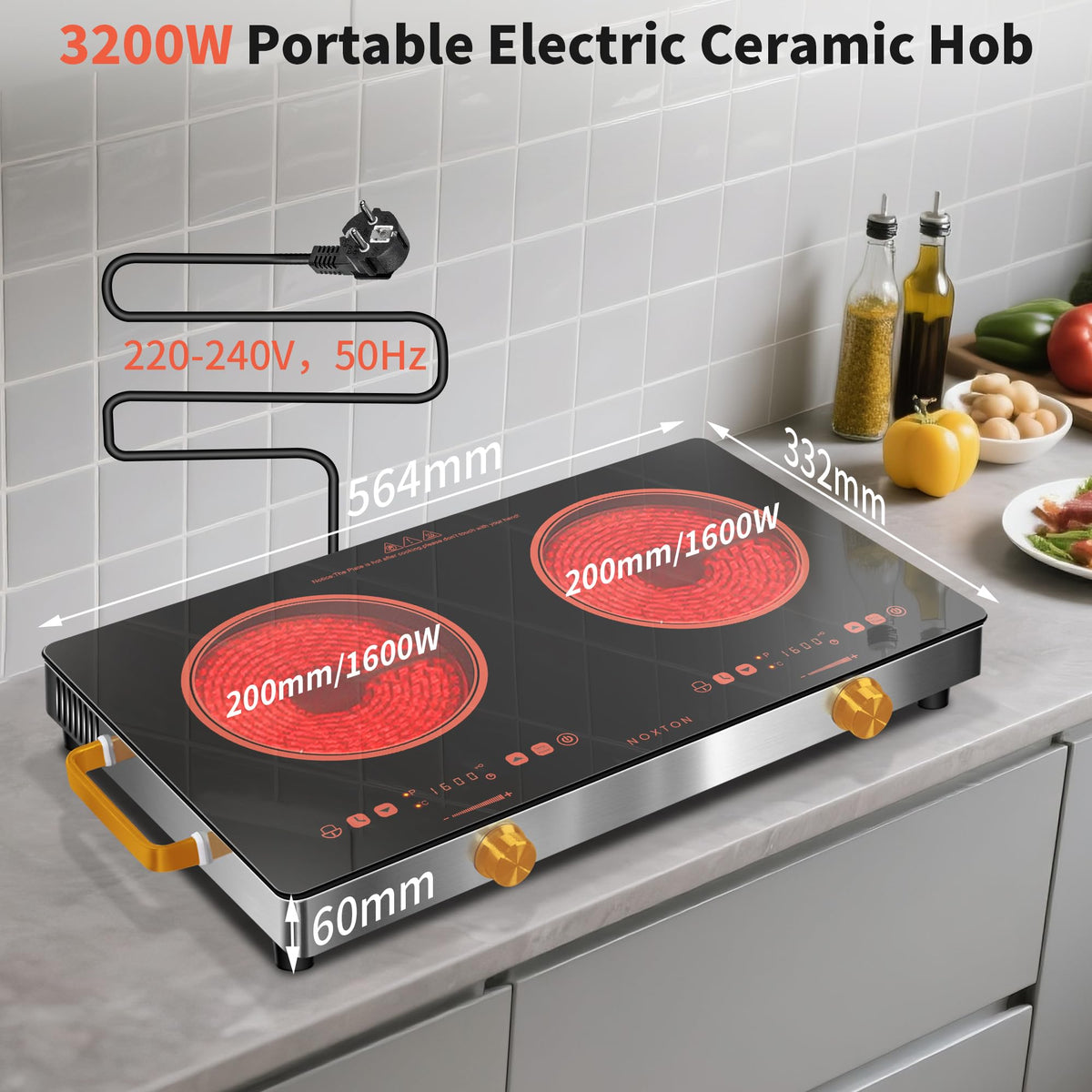 Noxton 2 Zone Ceramic Hob 30cm Electric Hob with Timer, Safe Lock, Pause Coutertop Use Hob with 13AMP Plug 2800W