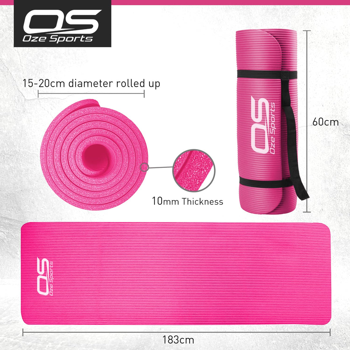 OZE SPORTS Yoga Mat, NBR Foam, Extra Thick, Non-Slip, High Density, Large, for Pilates, Gymnastics, HiiT and Fitness, with Free Carry Strap