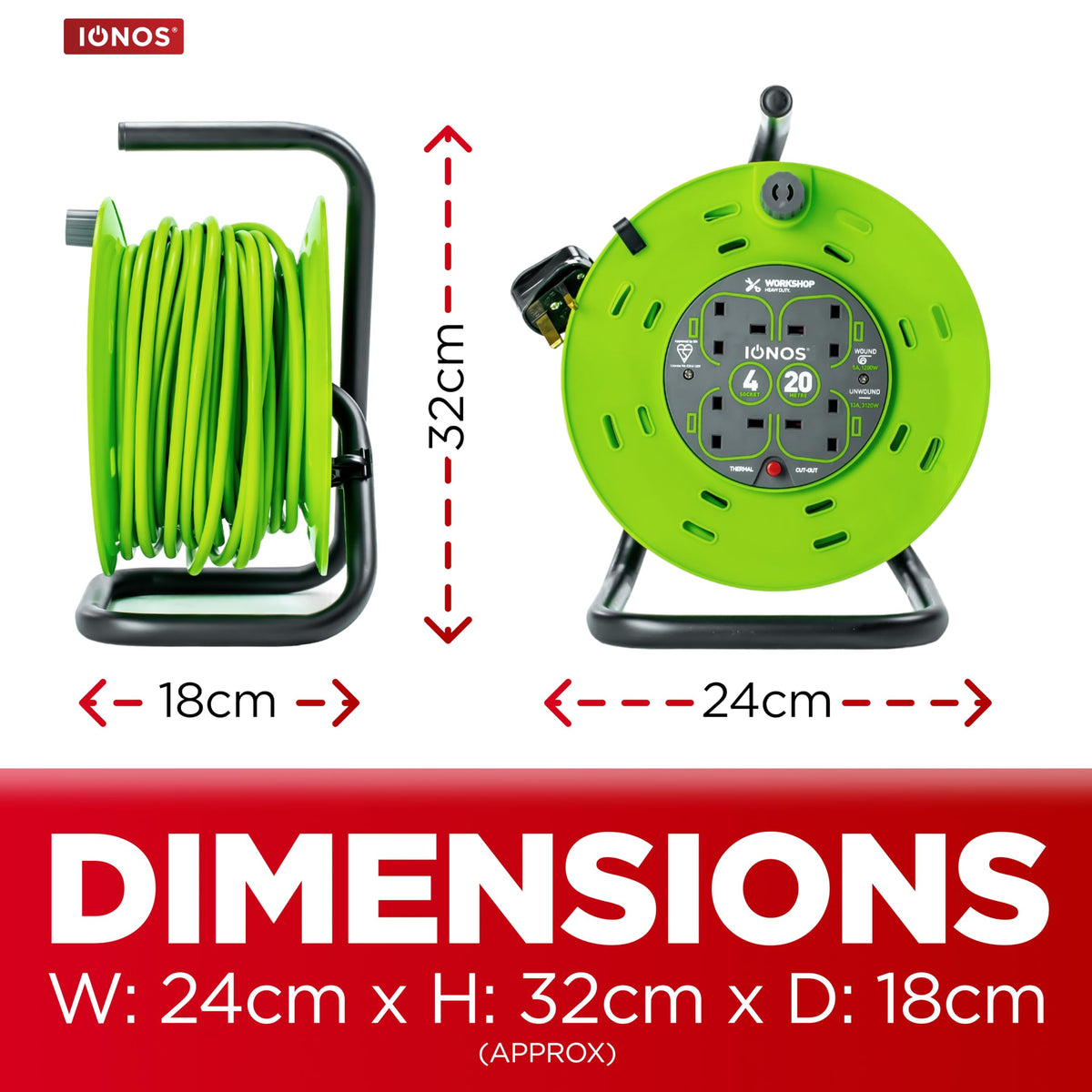 IONOS 2 Socket Cable Reel, 10m Outdoor Garden Extension Lead, DIY