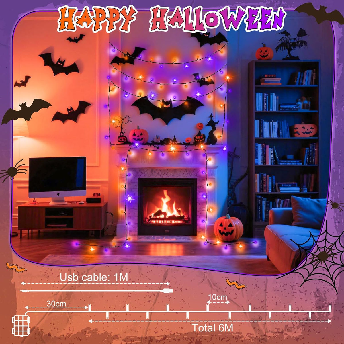 cshare Halloween Decorations Fairy Lights, 20Ft 60LED Orange-Purple USB/Battery String Lights with Timer Waterproof for Outdoor Indoor Autumn Fall Halloween Decorations-Green Wire