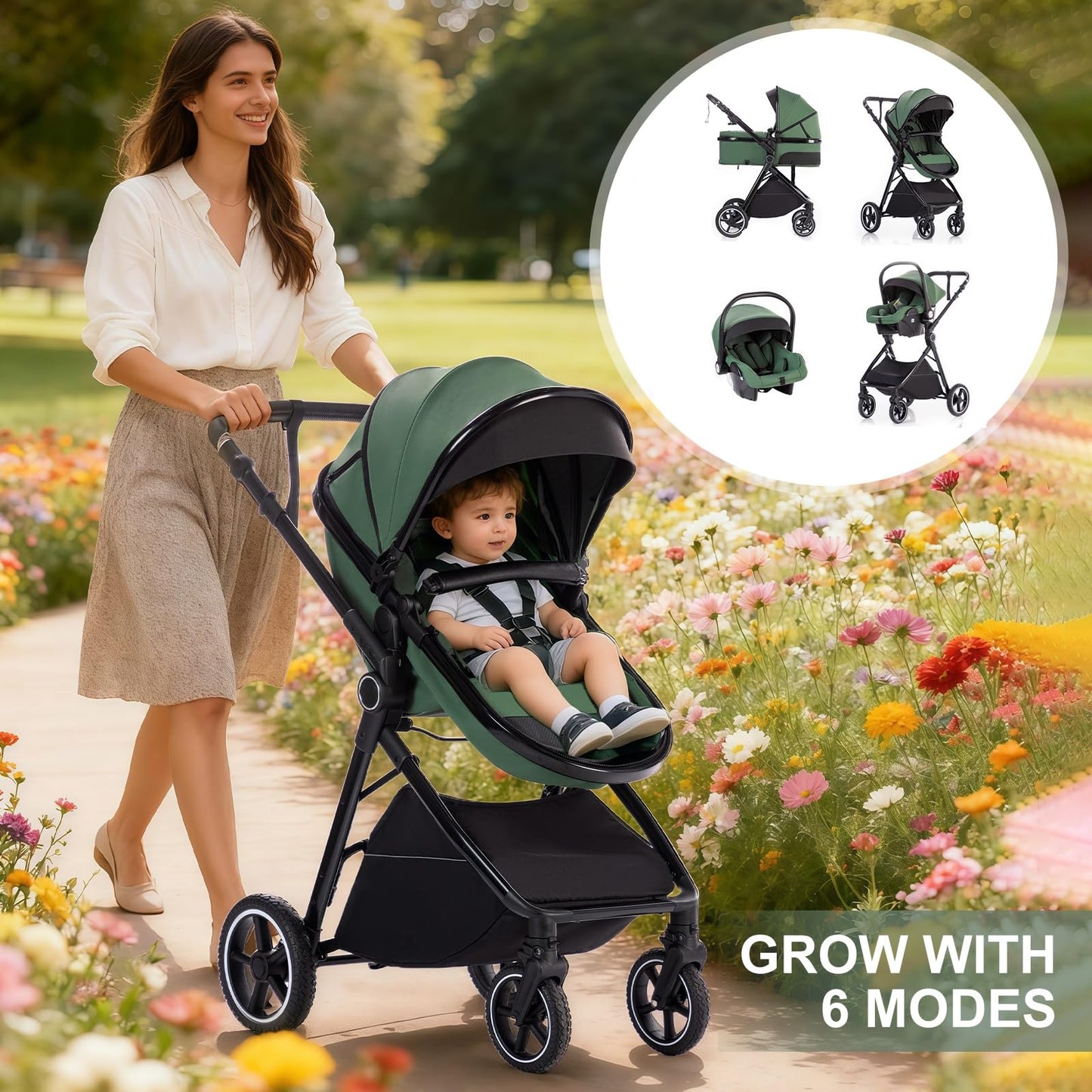 Gcarebb 3 in 1 Prams Travel System, Pushchair with Height Adjustable Handle, Travel Pram with Mosquito Net, Baby Stroller with Aluminum Frame for Newborn 0-4 Years