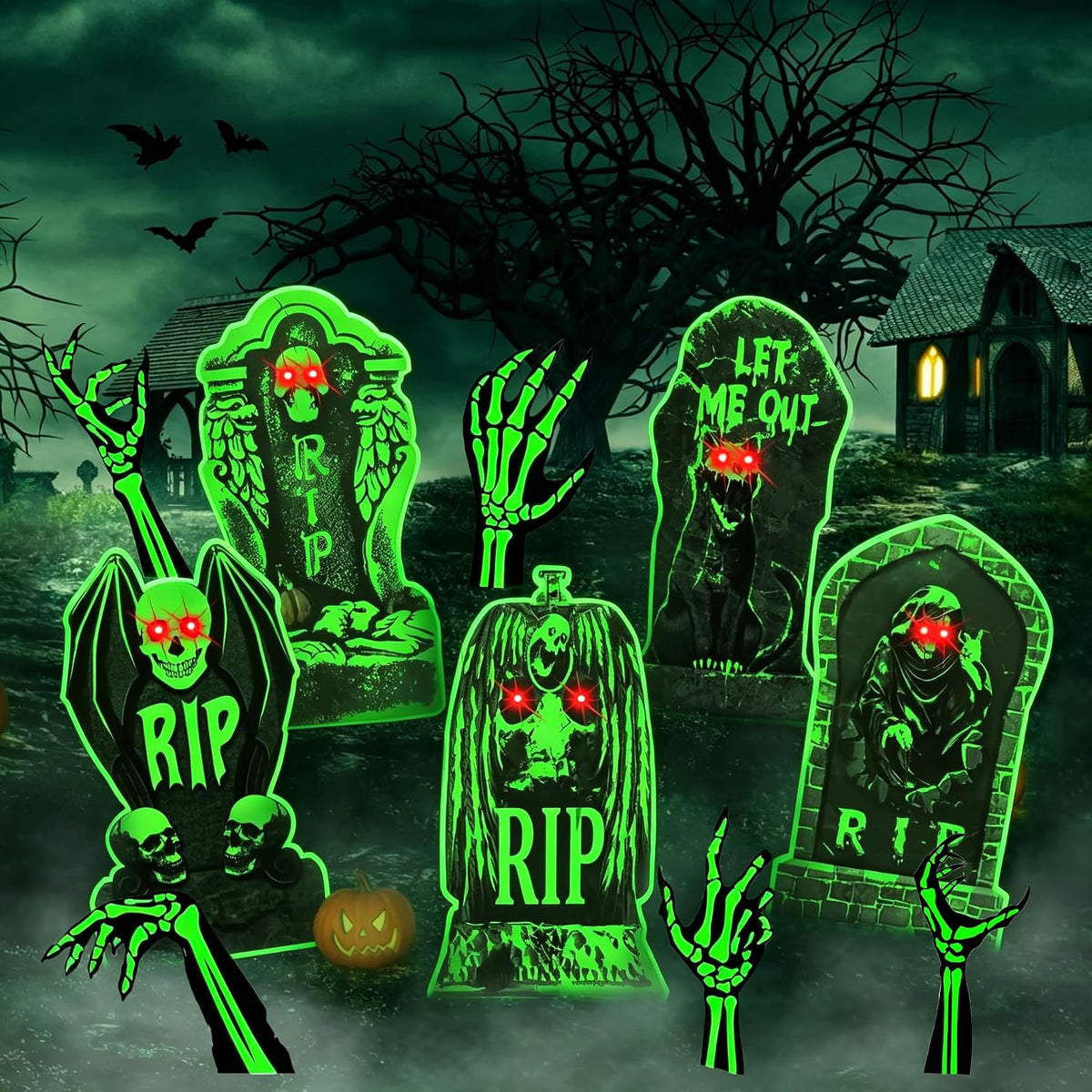 10 Pack Halloween Yard Signs, Fluorescent Skeleton Hands and Tombstones
