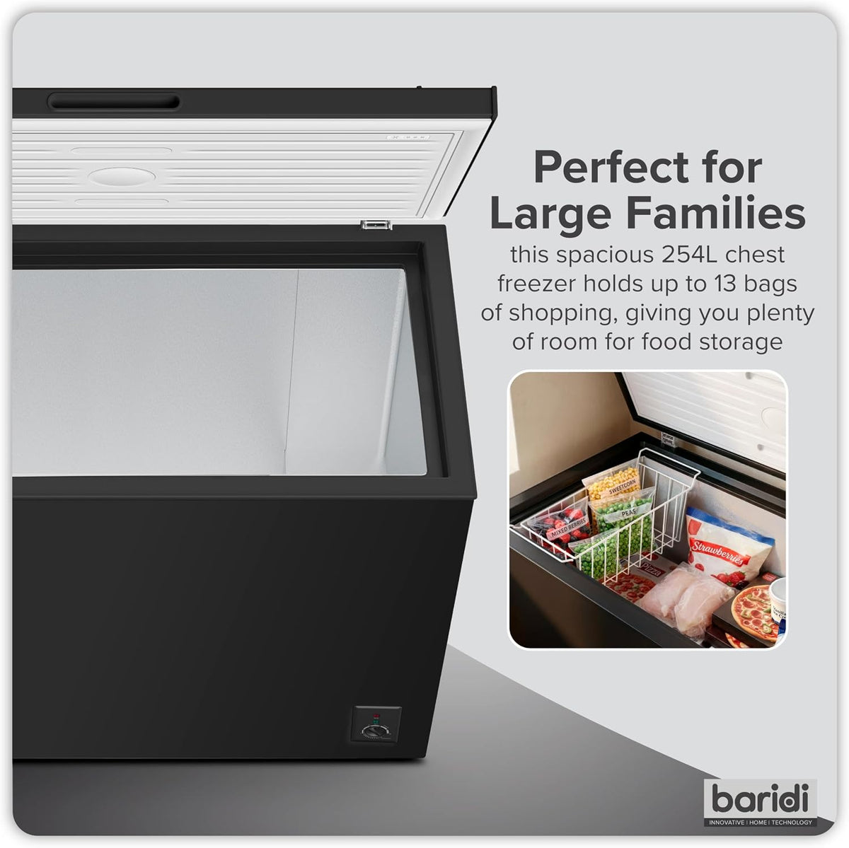 Baridi 299L Freestanding Chest Freezer with Adjustable Thermostat, Black - DH261