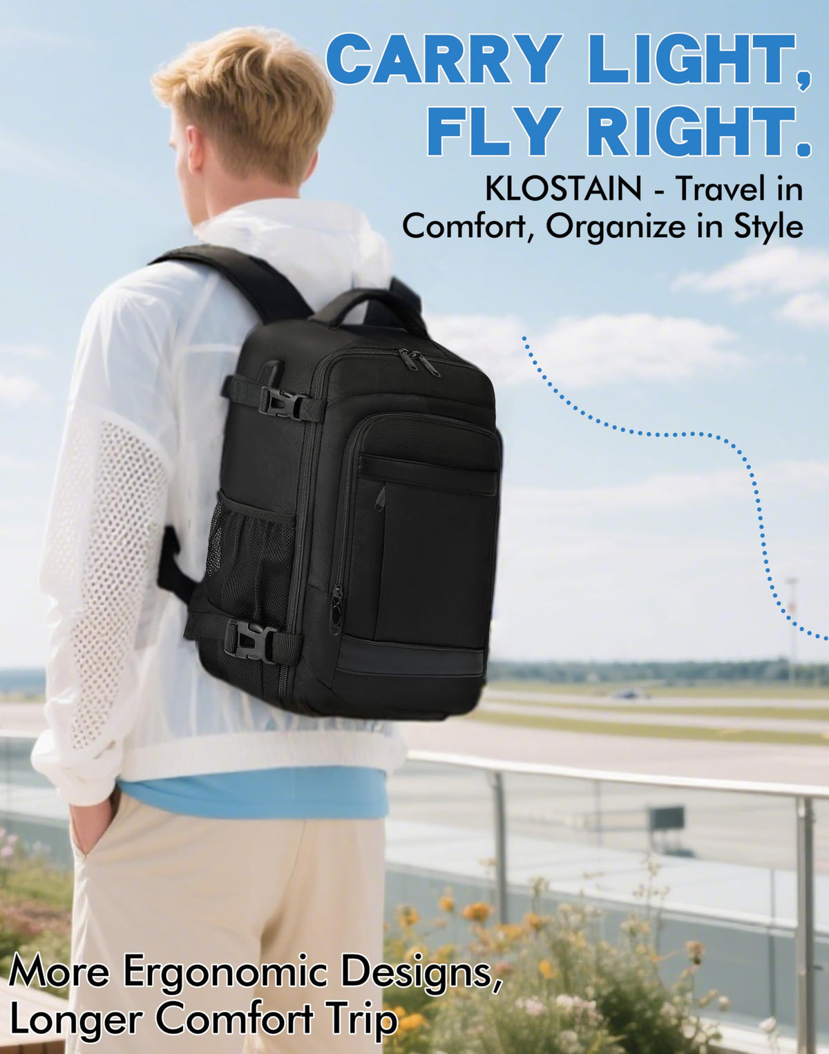 KLOSTAIN Cabin Bags 40x20x25 for Ryanair Underseat Travel Backpack Hand Luggage Carry-ons Bag Cabin Size 20L for Airplanes Flight Ruscksack Black
