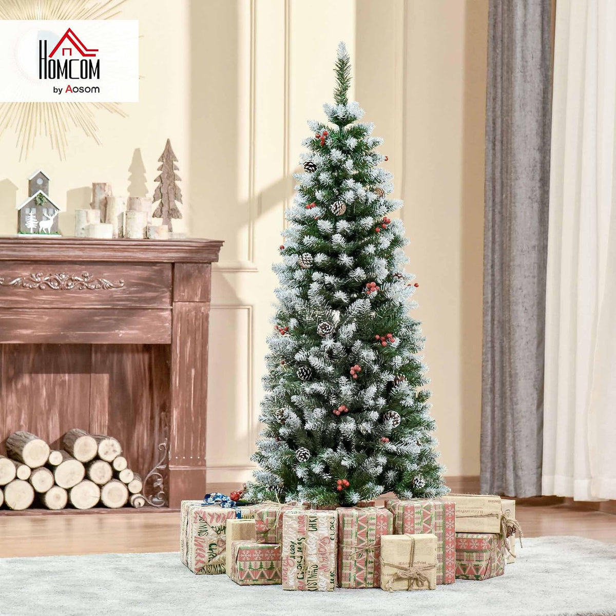 HOMCOM 5FT Artificial Christmas Tree Xmas Pencil Tree Red Berries Green