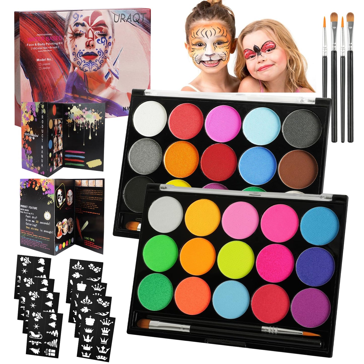 URAQT Face Paint Kit, 15 Color Face & 15 Color Neon Ultraviolet Painting with 2 Brushes 80 Stencils, Washable Safe Body Paint for Adults Kids Halloween Party Carnival, Makeup Paint Non-Toxic to Use