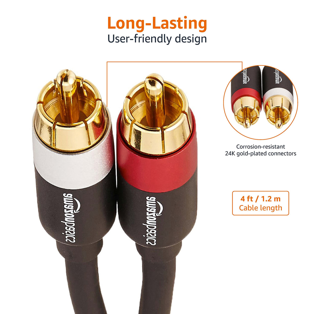 Amazon Basics 2 RCA Audio Cable for Amplifier,Active Speakers or Subwoofer with Gold-Plated Plugs, 4.6 m, Black