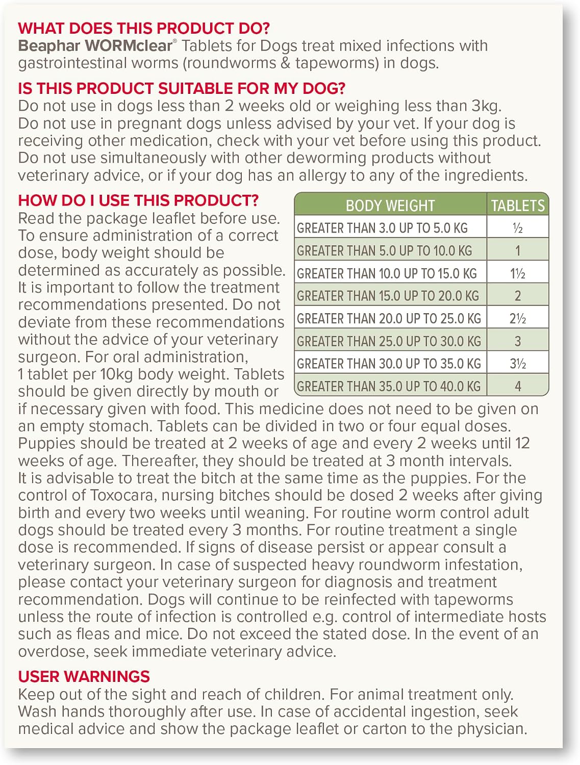 Beaphar - WORMclear® Tablets for Dogs up to 40kg - 4 Tablets - Kills All Common UK Intestinal Worms (Roundworms & Tapeworms) - Vet Strength Wormer - Pork-Flavoured - For dogs over 2 weeks old & 3kg