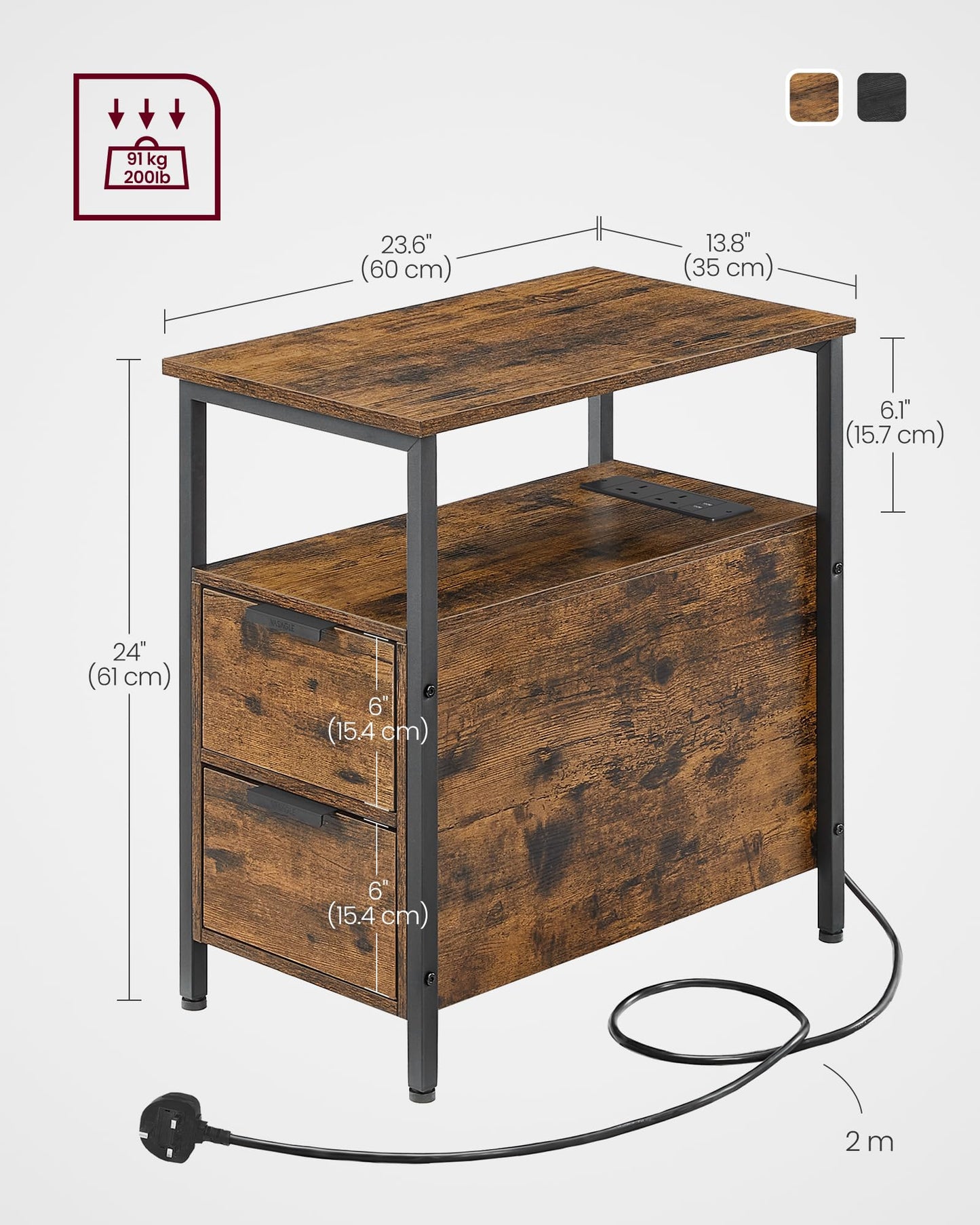 VASAGLE Slim Side Table with Charging Station, Narrow End Table with 2 Drawers, Bedside Table with Storage, for Living Room, Bedroom, Rustic Brown and Classic Black LET326B01