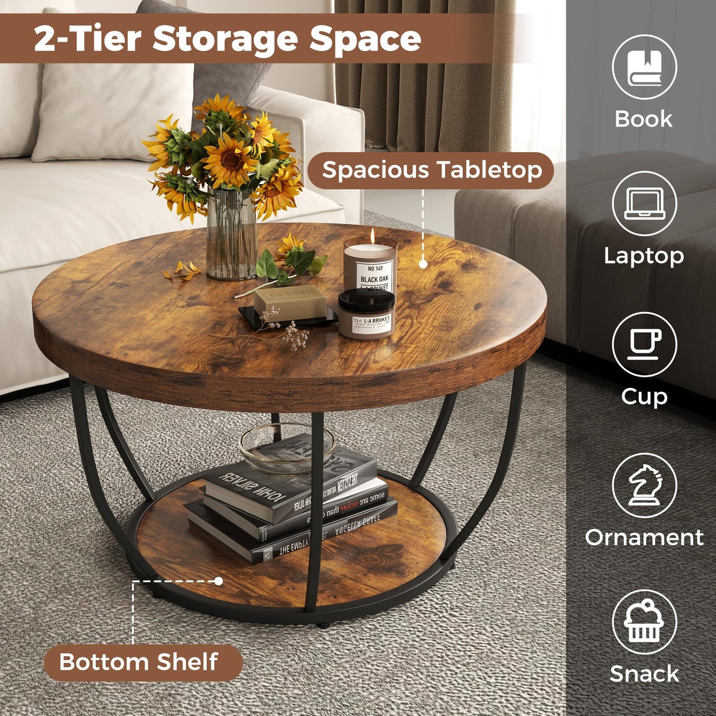COSTWAY 2-Tier Round Coffee Table with Storage Shelf, Metal Frame Industrial Accent Cocktail Center Unit Sofa Side Tea Table for Living Room, Bedroom and Office, 80x80x45cm (Rustic Brown+Black)