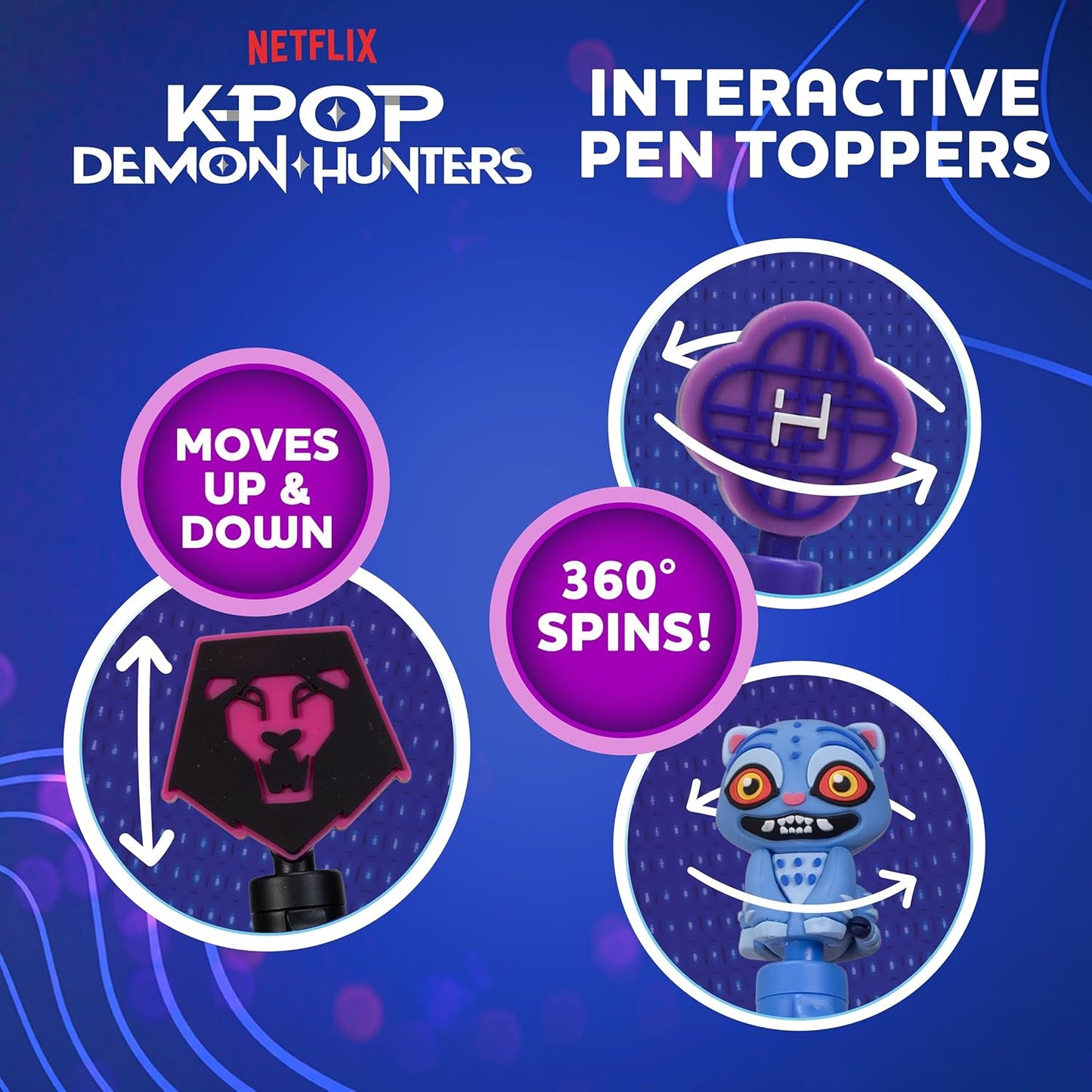 KPop Demon Hunters Fidget Pen Set (Pack of 3) – Official Merchandise – Saja Boys, Derpy & Huntr/x 18cm Black Ink Pens – Soft Touch Sensory Ball-Joint Fidget Toys – K-Pop Stationery Gift Set