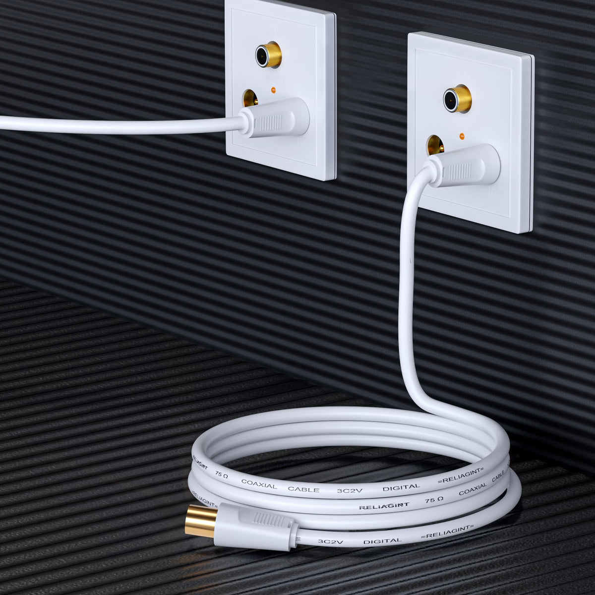 TV Aerial Cable 1m, 75 Ohm Coaxial Lead, IEC 9.5mm Male to Male 3C2V Pure Copper Dual Shielded, Right-Angle Connector, Female to Female Adaptor Included, Black