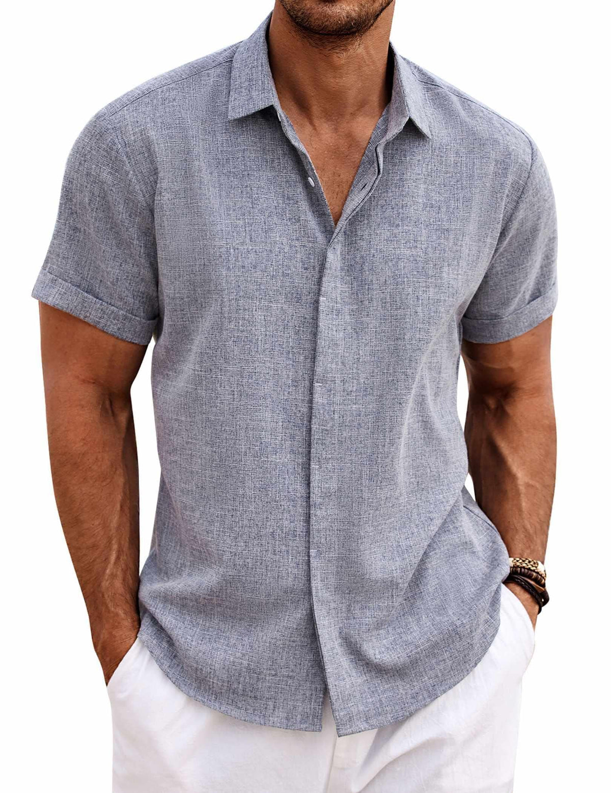 COOFANDY Mens Linen Shirts Short Sleeved Summer Regular Fit Button Down Hawaiian Holiday Tops