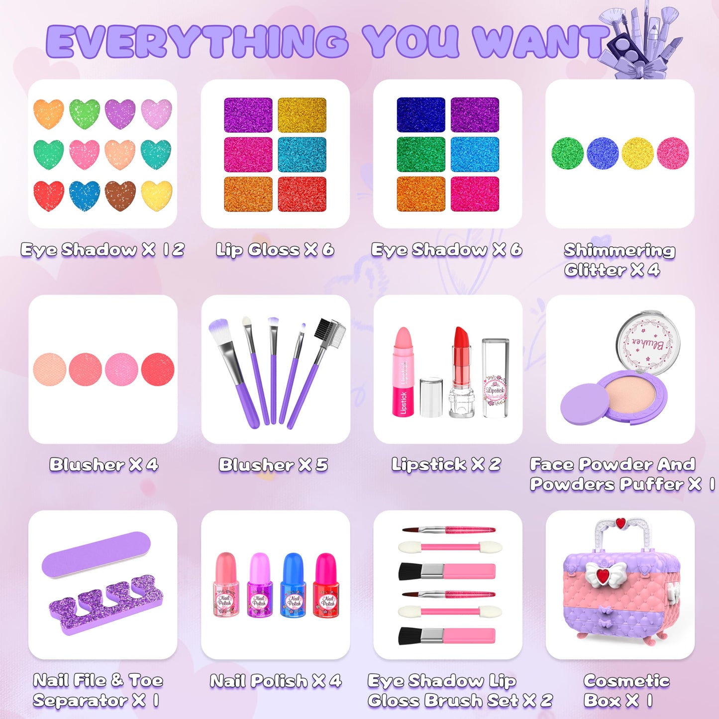 54 Pcs Kids Makeup Kits for Little Girls, Non-Toxic and Safe, Princess Real Washable Pretend Play Cosmetic Set Toys with Mirror, Birthday Gifts for 3 4 5 6 7 8 9 10-12 Years Old Girls Kids