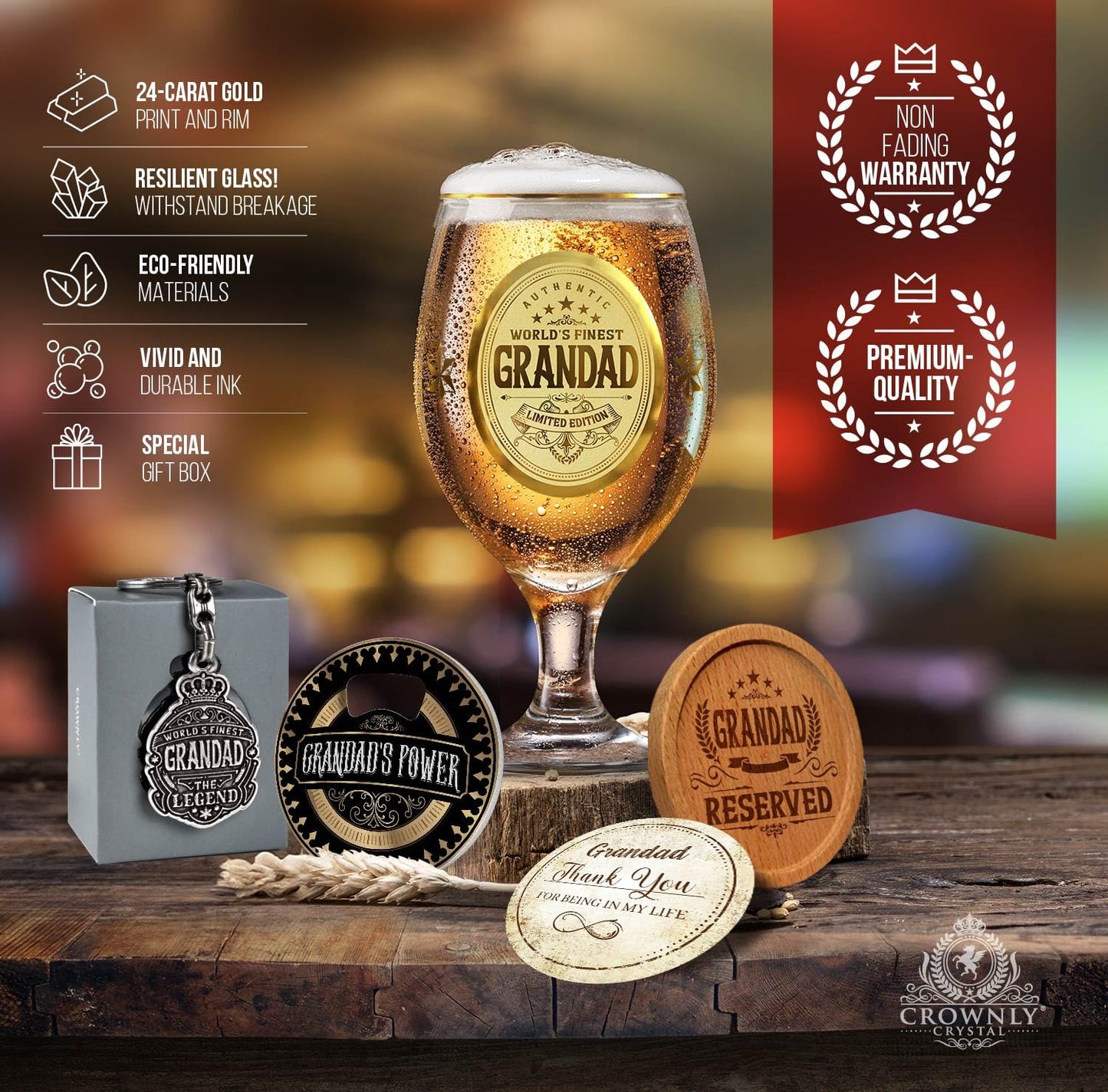 Crownly Crystal® Gold Birthday Gifts: Dad's Beer Glasses
