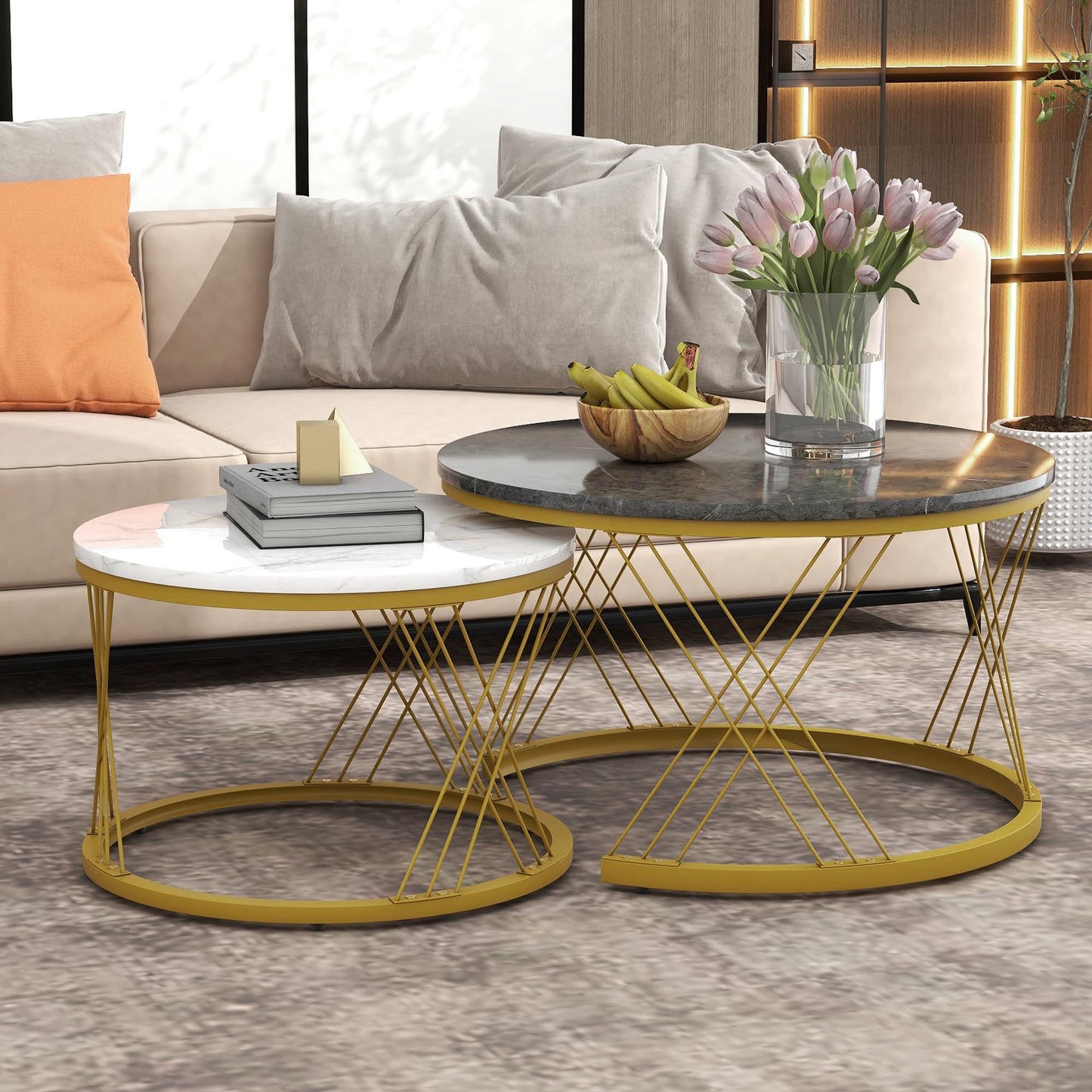 ModernLuxe 2-in-1 Coffee Table, Multi-functional Side Table with Marble Grain Veneer Top, Rattan Drawers, Solid Wood Handles, Gold Coloured Iron Legs, Round Nest of Tables for Living Room, Black