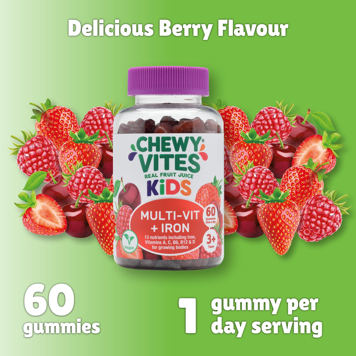 Chewy Vites Kids Multivitamin Advance, 60 Kids Vitamins Gummies, 11 Essential Nutrients, 2 Months Supply, Real Fruit Juice, Vegan, Age 3 +, Blueberry and Raspberry Flavour