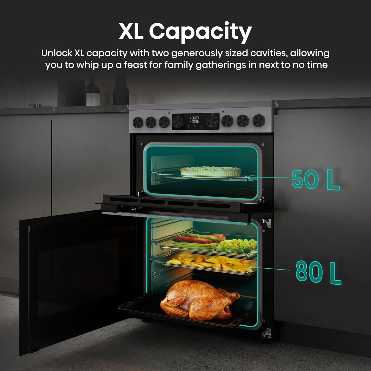 Hisense HDUKC60W 60cm Electric Cooker with Ceramic Hob-White, A Rated Double Oven 50L/80L [Energy Class A]