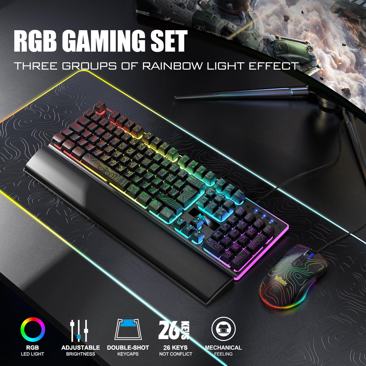RedThunder K10 Wired Gaming Keyboard and Mouse Combo, UK Layout, True RGB Backlight, Soft Leather Wrist Rest, Ergonomic Anti-Ghosting Keyboard + 7D 7200 DPI Mouse for PC Mac (Gradient Gray)
