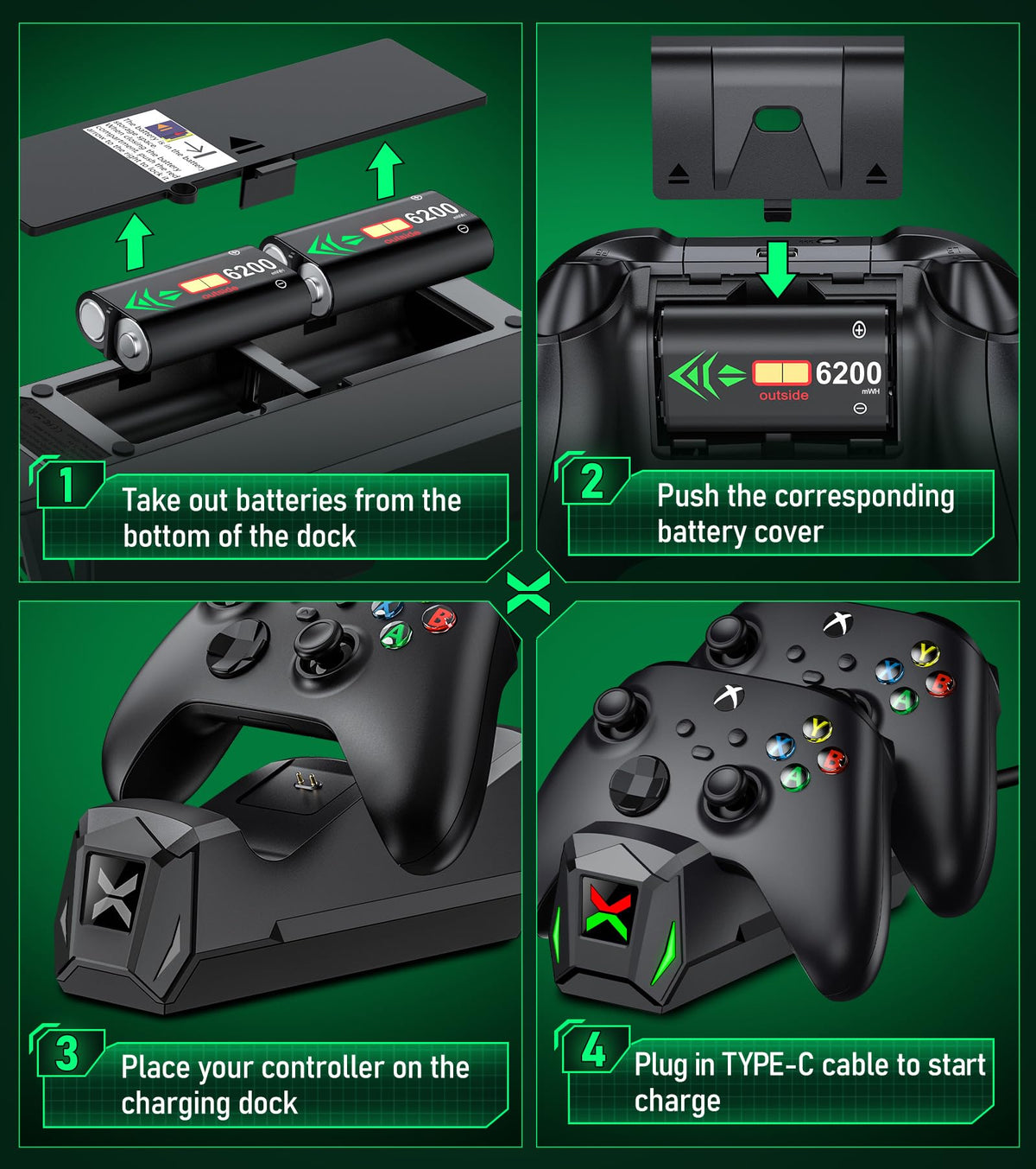 HEYLICOOL Rechargeable Battery Pack for Xbox One/Xbox Series X|S,2x4800mWh Controller Battery Pack with LED Indicators for Series X/S,Play & Charge Kit