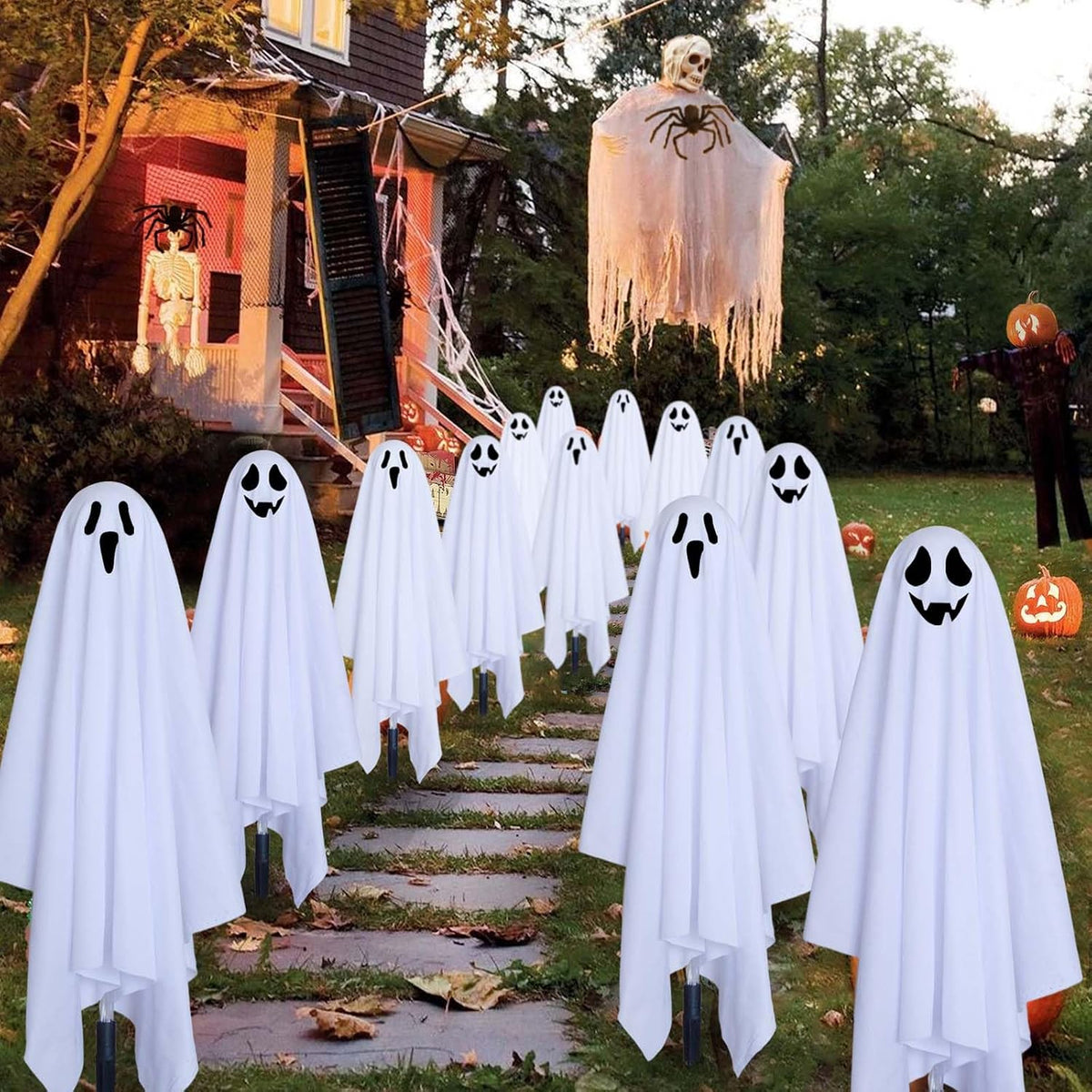 Set of 6 Solar Ghost Stake Lights, Halloween Decorations Outdoor, Scary Spooky Garden Patio Grave Lawn Porch Pathway Lights for Outside Yard Trick or Treat Halloween Party Decor Cool White