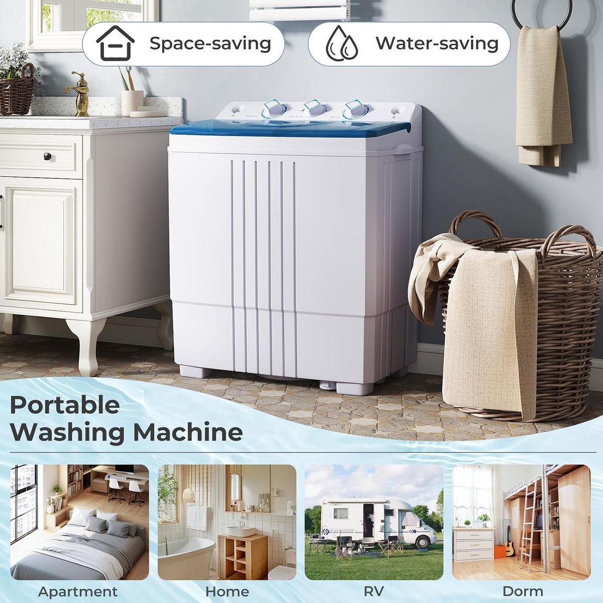 TANGZON Twin Tub Washing Machine, 8KG Portable Washing Machine Spin Dryer