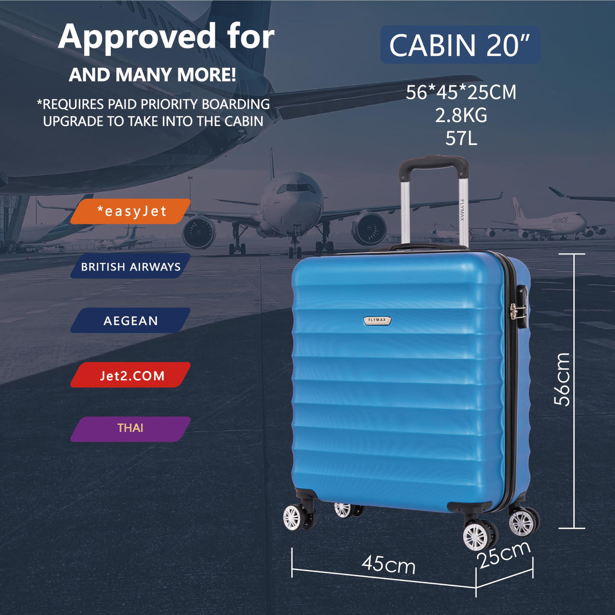 FLYMAX 55x40x20 Ryanair Cabin Bag Hand Luggage Lightweight Suitcase Approved Carry on Luggage Case 2.5KG 40L Royal