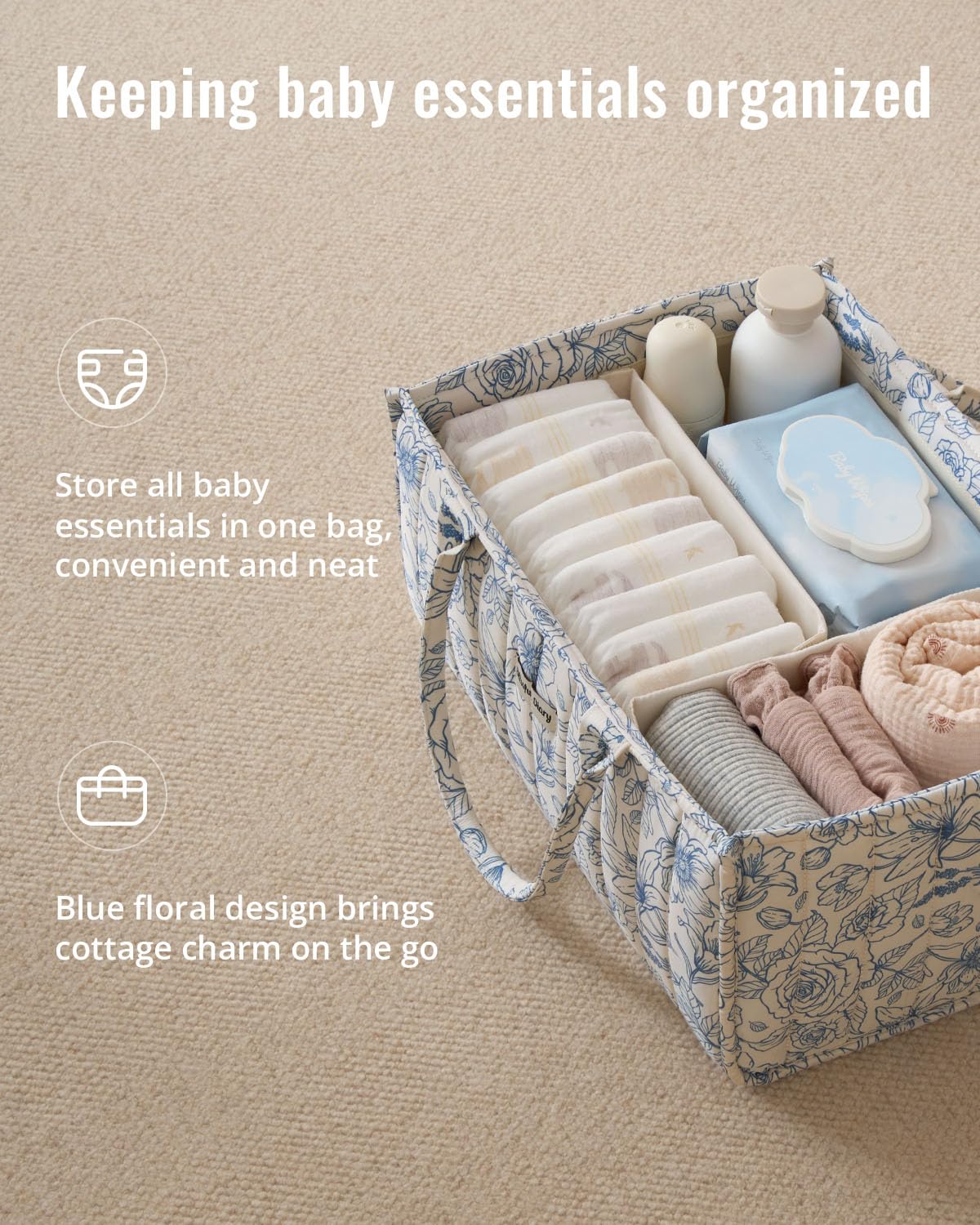 Blissful Diary Nappy Caddy Organiser, Baby Diaper Caddy for Nappy Station, Stylish Storage Basket for Newborn Essentials, Baby Shower Gifts for Girl or Boy, Woodland Cream